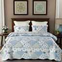 VIVILINEN Blue Floral Patchwork Quilt Set King Size Reversible Quilted Bedding Set with 2 Pillowcases | Blue Quilt Set, King Size Quilt Set, Patchwork Quilt, King Size Comforter, Reversible Quilt, Floral Quilt Set