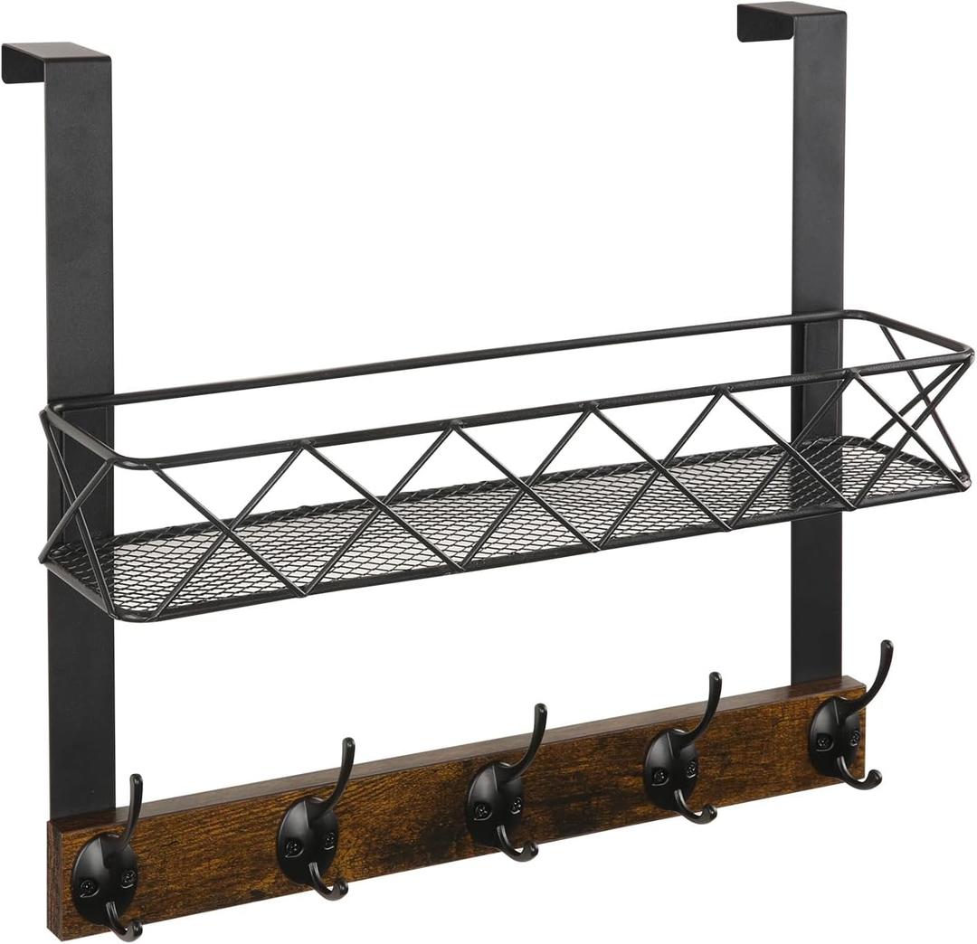 YINMIT Over The Door Hooks Organizer with Basket, Over The Door Towel Rack with 5 Metal Hooks, Door Hangers for Clothing, Over Door Hanger for Bathroom, Bedroom, Kitchen (2 Tier-A Style)