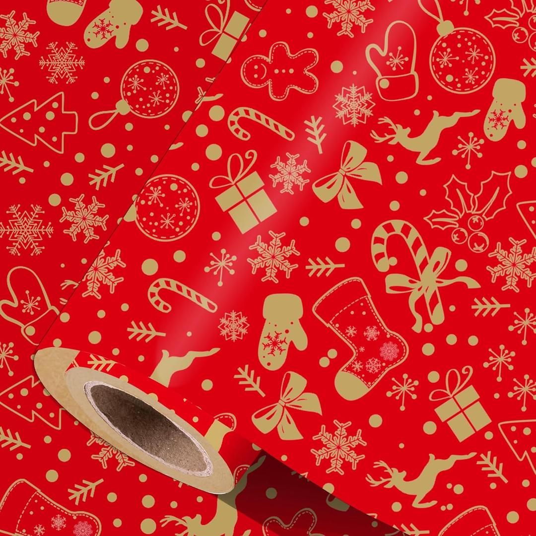 3 x Vichona Kraft Paper Christmas Wrapping Paper for Gifts, Red Xmas Party Decorations, Mini Roll 17 Inches x 16.4 Feet, Cute Christmas Wrapping Paper Roll for Kids, Xmas Stocking Snowflakes Reindeer