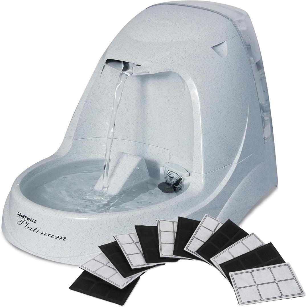 PetSafe Drinkwell Platinum Cat Fountain, Includes 12 Carbon Filters | 168 Oz Capacity, Falling Stream Encourages Drinking, Adjustable Flow, Top-Shelf Dishwasher Safe, 12 Filters Included