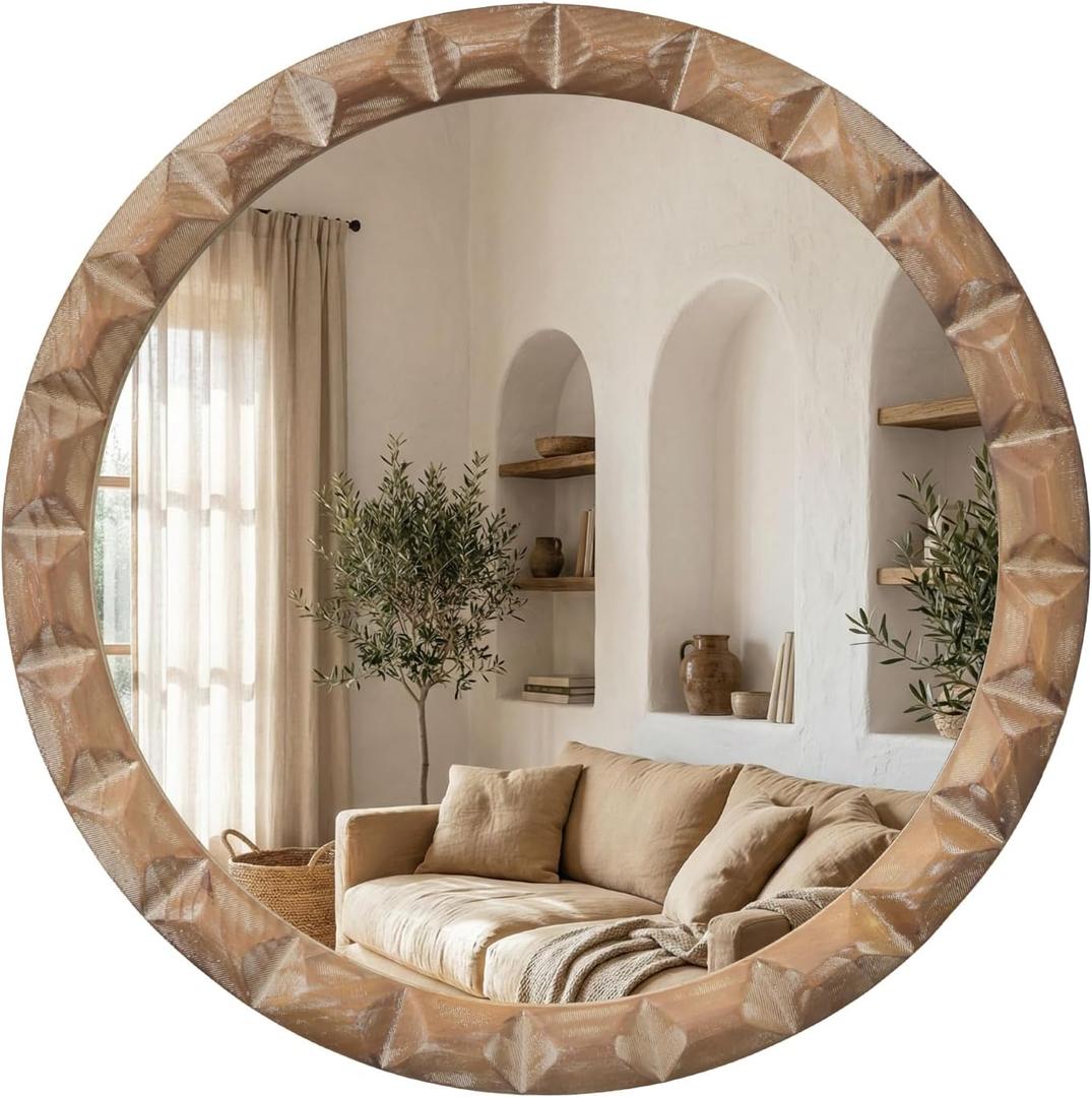Solid Wood Wall Mirror, 24 Inch Round Hand-Carved Pine Wood Frame Circle for Wall Decor, Rustic Farmhouse Mirror for Bathroom, Living Room, Entryway, Natural Wood