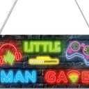 Neon Gaming Wooden Door Sign, Hanging Door Sign Plaque Nursery Playroom Bedroom Home Wall Art Decoration Accessories for Little Man Caves Boys Gamers' Room Neon Game Theme Party