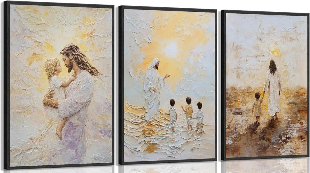 3pcs Jesus With Children Wall Art Christian Kids Room Posters Artwork Jesus Teaching Children Watercolor Painting Pictures Wall Decor for Kids Room Bedroom Church Decorations Unframed