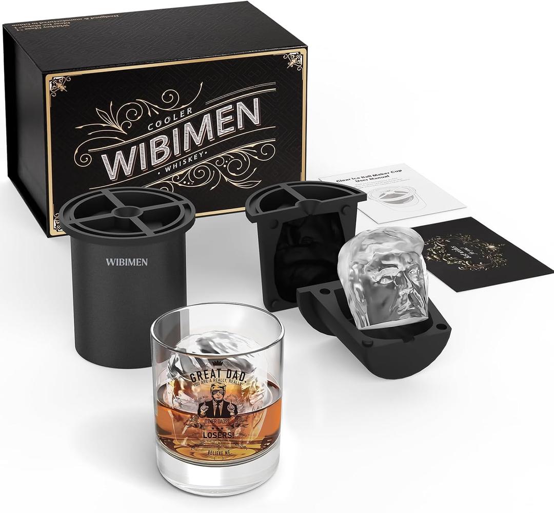 WIBIMEN Whiskey Ice Cubes Mold Set for Men, Dad, Husband, Mens Gifts Set with Whiskey Glass, Clear Ice Cube Maker, and Greeting Card, Bourbon Gifts for MenOld Fashioned Glass Set for Father