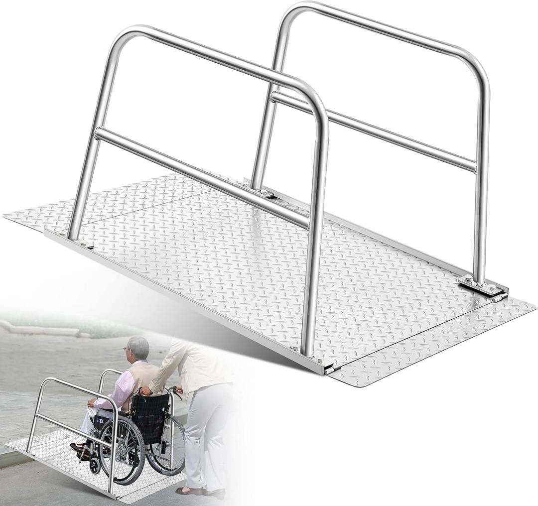 Blulu ((Minor Defects) Door Threshold Ramp with Handrails Adjustable 40 L x 31.5 W x 24 H Steel Wheelchair Ramp Skidproof Rustproof 496lbs Capacity Portable Handicap Ramps for Steps Homes Stairs