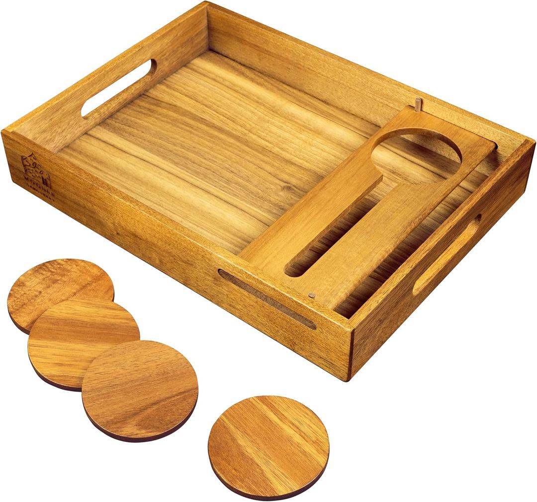 VinoTray - 17" Acacia Wood Serving Tray with Handles, Coasters & Removable Glass Holder - Large Decorative Wine & Food Rectangular Tray for Ottoman, Breakfast in Bed, Dinner, or Coffee Table