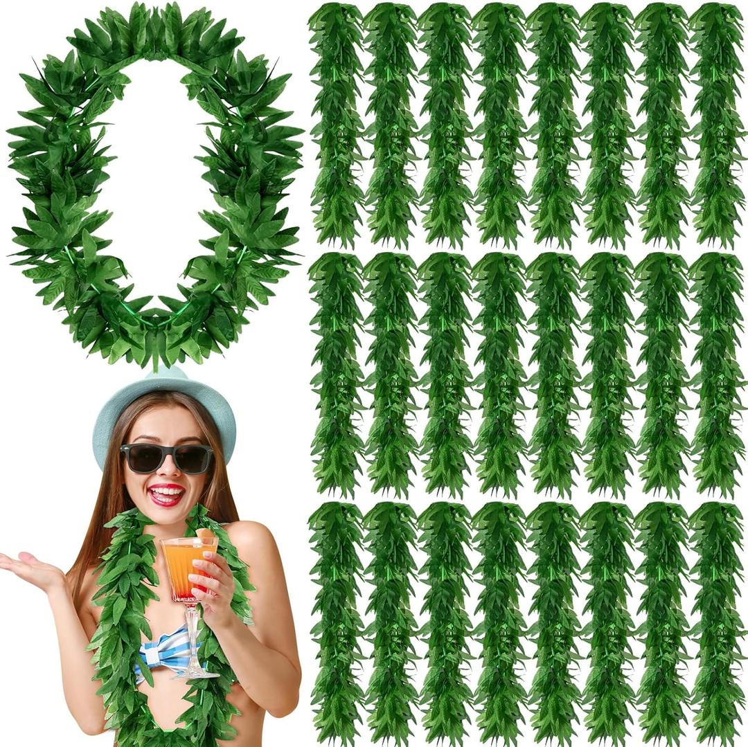 24 Pcs Tropical Green Leis Fern Leaf Necklace Green Fake Hawaiian Leis Artificial Fern Garland for Summer Luau Beach Pool Party Favors Decorations, 43 Inches