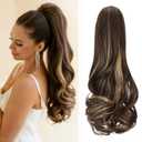 Claw Clip Ponytail Extension Blonde 18" Long Wavy Ponytail Clip in Hair Extensions for Women Curly Natural Layered Pony Tails(Light Brown With Blonde Highlights)