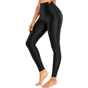 Sghenr Women's High Waisted Yoga Pants Tummy Control Shiny Sports Tights Workout Leggings (Large, Black)