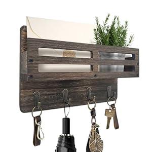 Key Holder Wall Mount Farmhouse Key Hooks for Wall with Mail Organizer Decorative Key Rack with 4 Sturdy Hooks for Dog Leash, Sunglasses, Rustic, Paulownia Key Hanger for Entryway, Brown