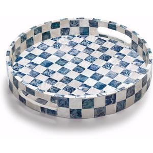 12.6" Capiz Shell Round Decorative Tray with Handles, Navy Blue