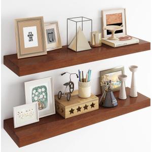 RICHFOCUS Floating Shelves for Wall | 9.3 Inch Deep Rustic Set of 2 With Solid Ash Wood Veneer | 36 Inch With Upgraded Brackets | for Living Room Bathroom Home Office