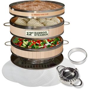 2-tier 12" Bamboo Steamer with Reinforcement & Handle, Reusable Silicone Liner & Accessories Kit For Cooking Dumpling, Baby Bao Bun, Dim Sum, Rice Potsticker Steaming Chinese Asian Food & Vegetables