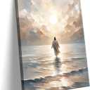 Jesus Walking on Water Canvas Wall Art, Christian Bible Stories Wall Decor Paintings, Jesus Walks on Water on Water Back Posters Prints Pictures for Church Living Room Bedroom 16x24 Inch Framed