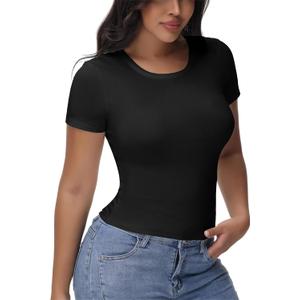 Womens T Shirts Basic Short Sleeve Crew Neck Slim Fit Tees Summer Workout Casual Bodycon Tops 2025 (Black, XXL)