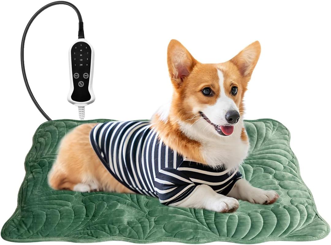 Pet Heating Pad for Cats Waterproof 9 Gears and time Settings Switch, Adjustable Heated Cat Bed, Adding Wire Rope Wires Cat Warming (22.0" L x 18.0" W x 0.5" Th, Green)