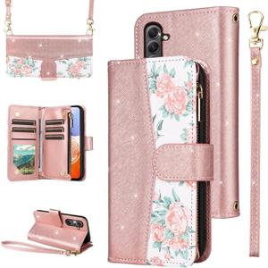 for Samsung Galaxy S24 Plus/S25 Plus S24+ S25+ 5G Floral Wallet Case Flip Zipper Purse Wrist Strap Shoulder Strap, Card Holder Phone Cover for S24Plus 24S + S 24 24+ S25Plus 25S 25+ Rose Gold