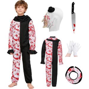 Kids Art Clown Costume with Mask Scary Terrifying Costume Horror Killer Uniform Halloween Outfit Cosplay Props (X-Large/150)