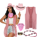 GERVAISE Womens Western Cowgirl Costume 70s Hippie Tassels Fringe Vest outfit Hat 5pcs Large