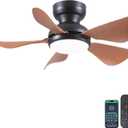 Kviflon 32 Inch Modern Ceiling Fans with Lights, Small Flush Mount Ceiling Fan with Light and Remote/APP Control, 5 Reversible 6 Speeds Curved Blades, 3 CCT Dimmable Lights for Kids Room, Brown