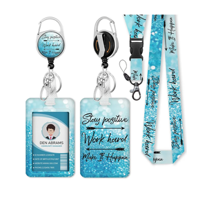 Lanyards for ID Badges, Positive Badge Holder with Retractable Reel Clip, Inspirational Quote Card Name Tag Lanyard Vertical ID Card Protector Case for Women Nurse Doctor Teacher Student Blue