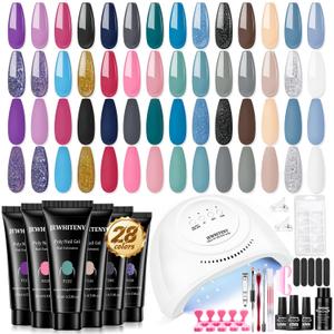 JEWHITENY 28 Colors Poly Nail Gel Kit with Base Top Coat Purple Blue Yellow Nude Pink Glitter Shades Quick-Dry for Beginners DIY Need U V Lamp Curing