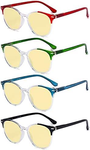 Eyekepper 4-pack Round Reading Glasses Blue Light Blocking Women Yellow Tinted +3.00