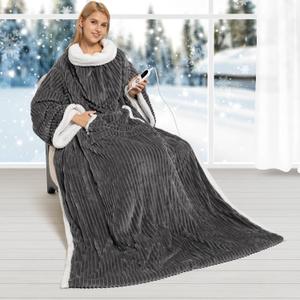 Electric Blanket Heated Throw, Soft Flannel & Sherpa Wearable Heated Blanket with Sleeves, Heating Wearable Blanket with 6 Heating & 12H Auto Off, ETL Certified, Home Office Use, 52x72 Inch, Dark Grey