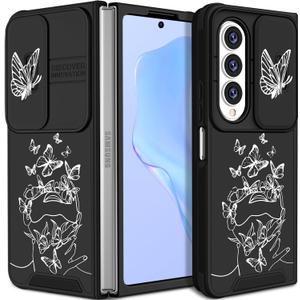 Funermei (2in1 for Samsung Galaxy Z Fold 4 Case Women Girls Butterfly Cute Phone Cover Pretty Girly Aesthetic Black Design Fashion Funda for Samsung Z Fold 4 Cases 7.6'' (2022)