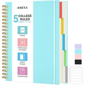 5 Subject Notebooks College Ruled, Spiral Lined Notebook with Removable Dividers, 300 Pages 100GSM Thick Spiral Writing Journal for Women & Men, Large A5 Notebooks for Work, School Supplies, 6" x 8" (Blue)