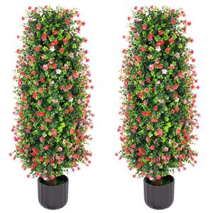 Sunnyglade 2 Packs Artificial Rose Tree 3FT- Fake Floral Plant Tree in Pot- Decorative Topiary Plant - Cement Filled Potted Faux Flower Plant for Home Office Porch Decor Indoor Outdoor Red