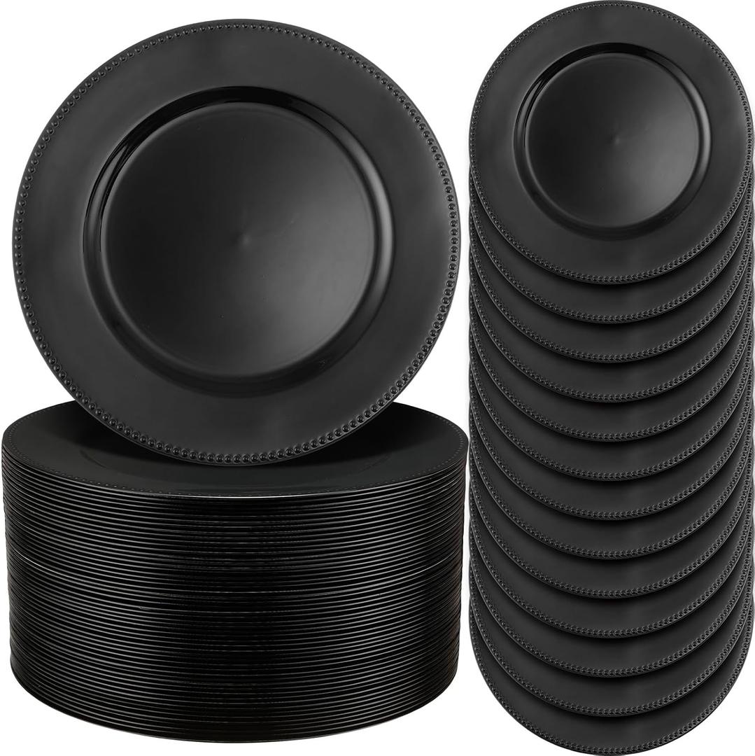 Jinei 100pcs Plastic Charger Plates, 13'' Reusable Dinner Plates with Beaded Edges, Elegant Vintage Style for Weddings, Parties, and Festivals(Black)