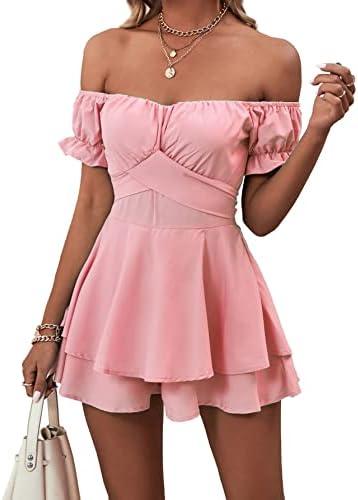 LYANER Women's Off Shoulder Wrap Tie Up Back Ruffle Short Sleeve Romper Short Jumpsuit L