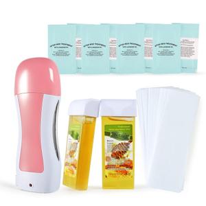 Roll on Wax Kit for Hair Removal, Honey Roller Waxing Kit Include 2 Honey Soft Wax Cartridge & 100 Non-Woven Wax Strips, Portable Pink Wax Heater Machine for Women & Men