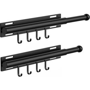 2 Pack Valet Rod for Closet Retractable with 4 Hooks, 13.4"-23.2" Pull Out Clothes Rail, Heavy Duty Alloy Steel Side Mount Wardrobe Bar, Adjustable Organizer for Laundry, Bathroom, Entrance (Black)