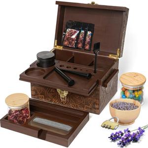 Stash Box Bamboo Storage Box with Combination Lock  Wooden Organizer Box with Removable Tray, Glass Jars & Accessories, Decorative Lockable Bamboo Box with Lid,Home Kitchen Pantry Stashbox Dark Brown