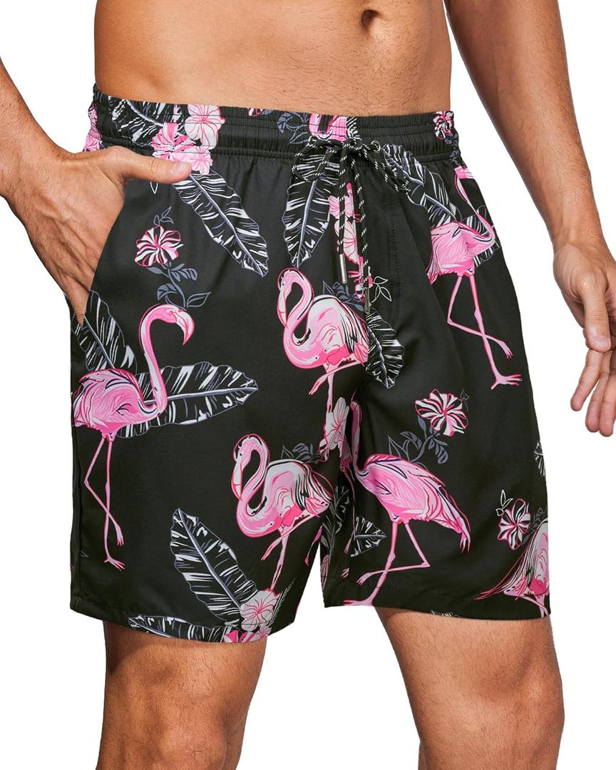 Gleeease 7inch Mens Swim Trunks: with Mesh Liner Pockets Drawstring Quick Dry Stretch Lined Funny Beach Swimming Pool Surf (Medium, Flamingo Black)