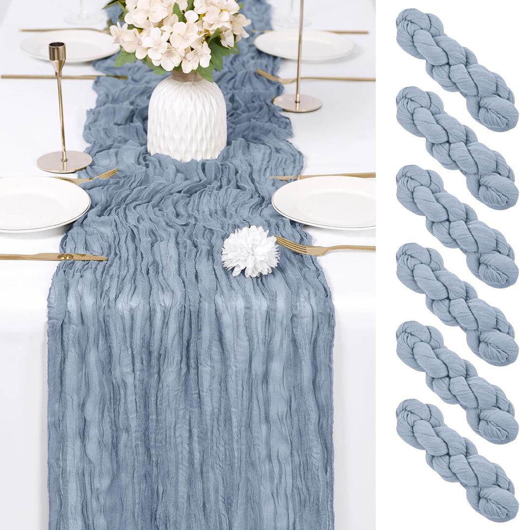 6 Pack Dusty Blue Cheesecloth Table Runner 17x108 Inch Semi Sheer Boho Gauze Cheese Cloth Fabric Table Runners Table Decor for Wedding Party Baby Shower Birthday Home Decor Garden Farmhouse