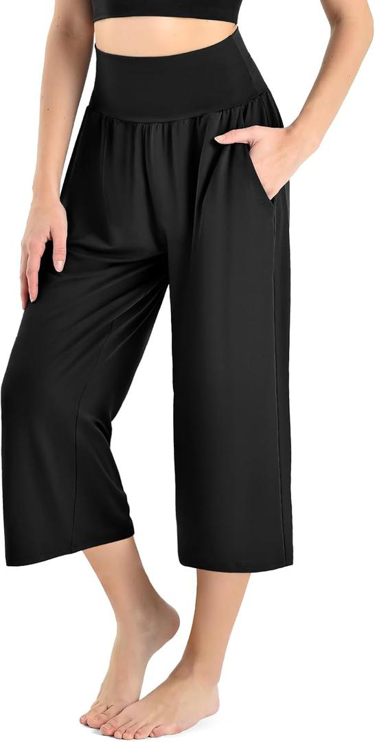 Ipletix Capri Pants for Women High Waisted Casual Wide Leg Yoga Pants with Pockets for Travel Gym Exercise