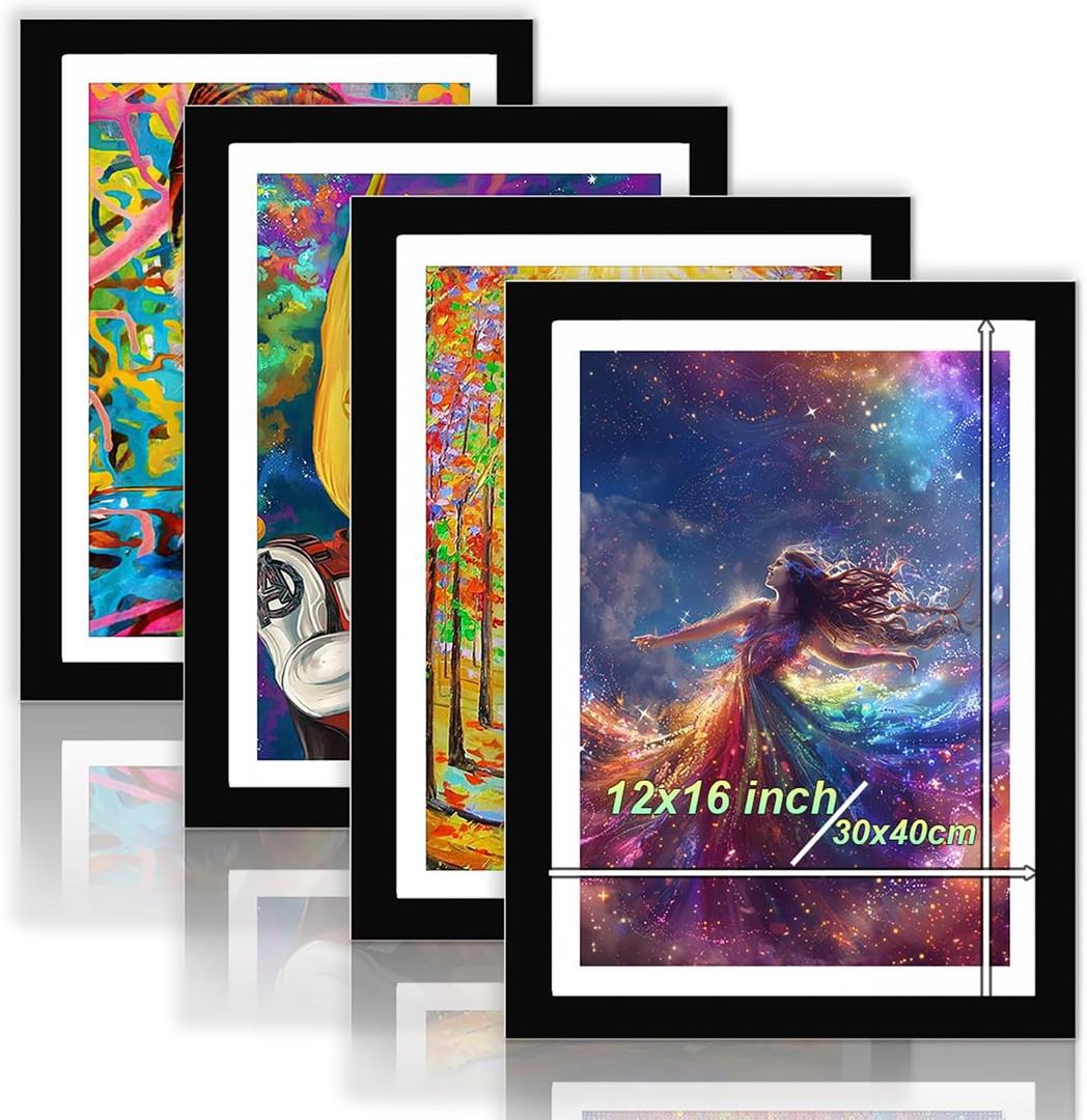 Betionol Diamond Painting Frames Set of 4, Display 12x16in/30x40cm Diamond Painting Kits or Photos, Black Natural Solid Wood Picture Frame with Acrylic Protection Glass, Back Mat And Hanging Kit