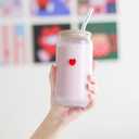 2 x Coquette Aesthetic Glass Can Cup with Bamboo Lid and Straw, 16oz Cute Red Heart Travel Tumbler, Iced Coffee Matcha Smoothie Cup, Trendy Stuff Gifts for Women, Girl Gifts