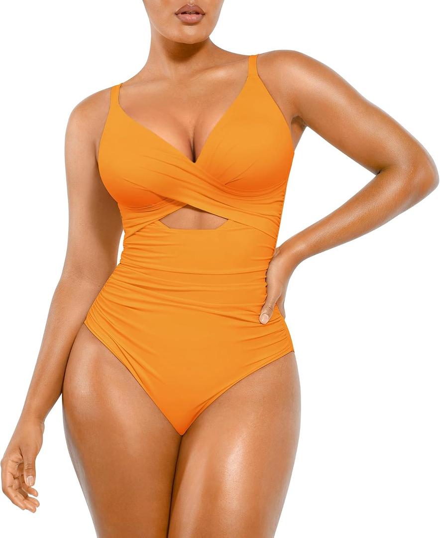 SHAPELLX Tummy Control Swimsuits Women V Neck One Piece Bathing Suit Ruched Push Up Slimming Swimwear Built-in Bra (Orange, S)