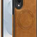 Shockproof Case Fit for Samsung Galaxy S25 Edge Leather Magnetic Rugged Compatible with MagSafe Slim Phone Cover for Samsung S25 Edge, Brown