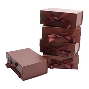 MEIANJU Small Reddish Brown Gift Boxes 8.7*W6.5*H3.5inch with Ribbon Foldable Magnetic Gift Boxes Set of 5 Glossy Finish Magnetic Box for Luxury Presentations and Groomsmen Proposal