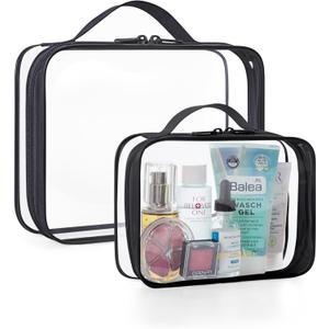 BAGSMART Clear Toiletry Bag, TSA Approved Travel Toiletry Bag Carry On Travel Accessories Bag Airport Airline Quart Size Bags water-resistant Makeup Bag for Women (2 Pack, Medium+Large, Black-with handle+180 open)