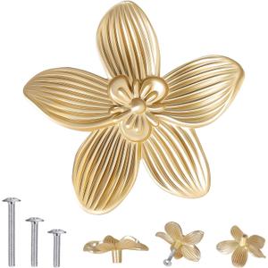 8 Pack 2.4 Inch Brushed Gold Flower Cabinet Knobs, Vintage Floral Drawer Pulls Decorative Dresser Handles for Furniture, Vanity, Closet, Bathroom Unique Antique Hardware