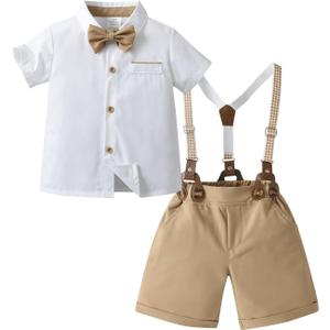 Boarnseorl Baby Boys Gentleman Outfits Shorts Sets,Infant Shirt + Shorts + Bow Tie + Suspenders (2T / 3T, White+khaki)
