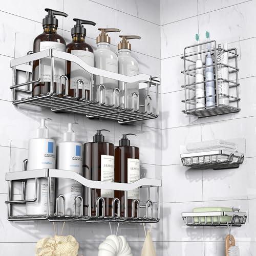 EUDELE 5-Pack Rustproof Stainless Steel Shower Caddy – No Drill Adhesive Bathroom Organizer with Large Capacity, Spacious Shower Shelves for Inside Shower, Kitchen & Home Decor Storage-XL Size