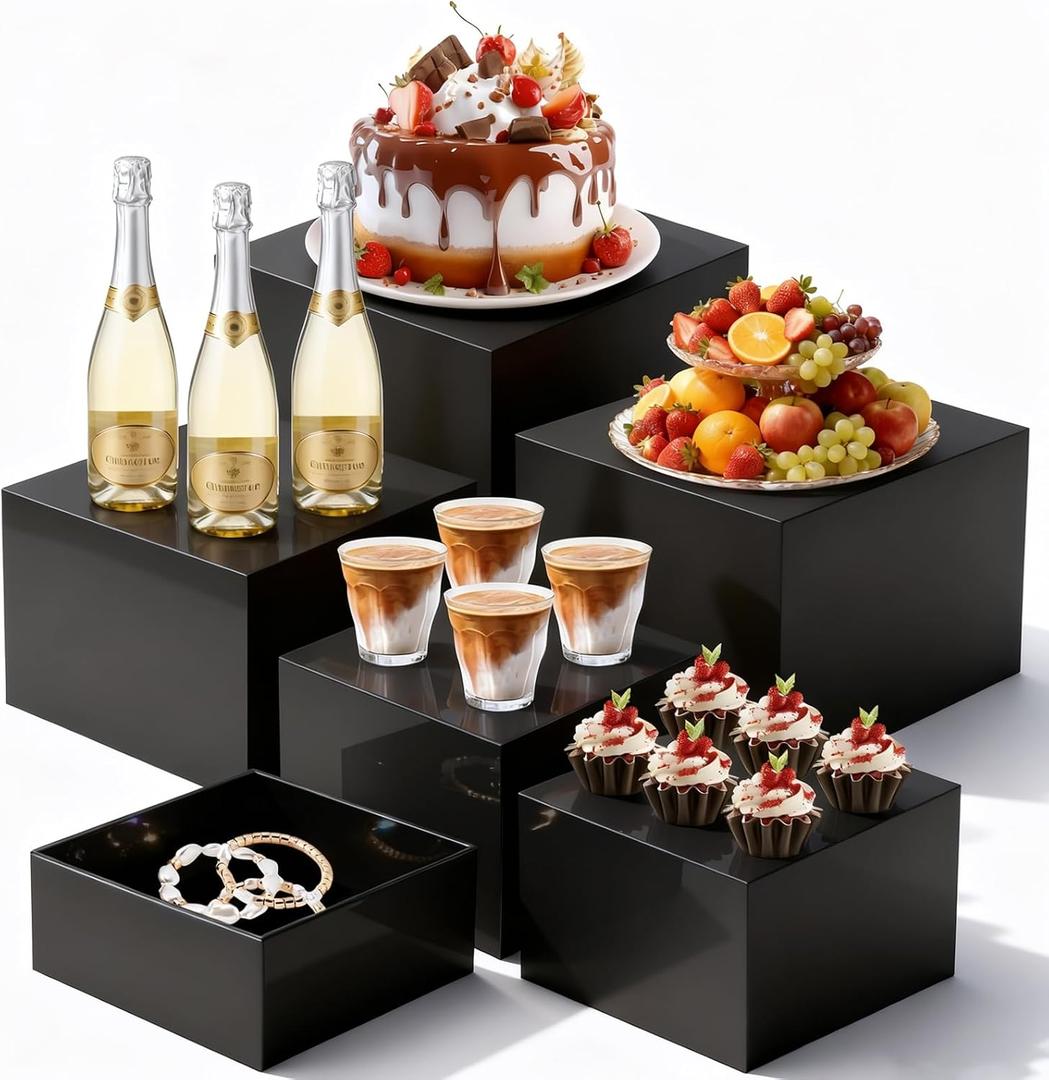 6PCS Buffet Risers, Black Acrylic Food Risers for Buffet Table, Nesting Display Stand with Hollow Bottoms for Party, Catering, Dessert, Jewelry & Collectibles (10" x 10" x 7" to 5" x 5" x 3")