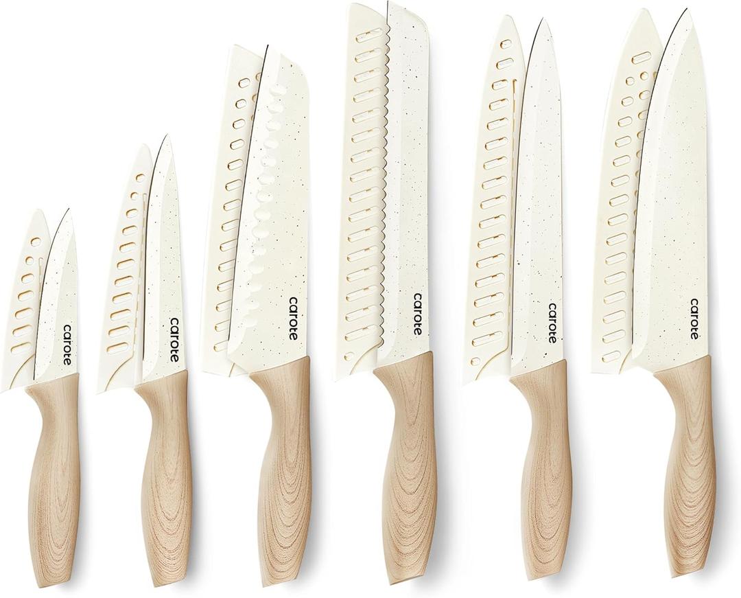 CAROTE 12PCS Knife set with Blade Guards, Granite Nonstick Ceramic Coating, Stainless Steel blade, Anti-Slip Handle, Essential Knives, Rustproof, White
